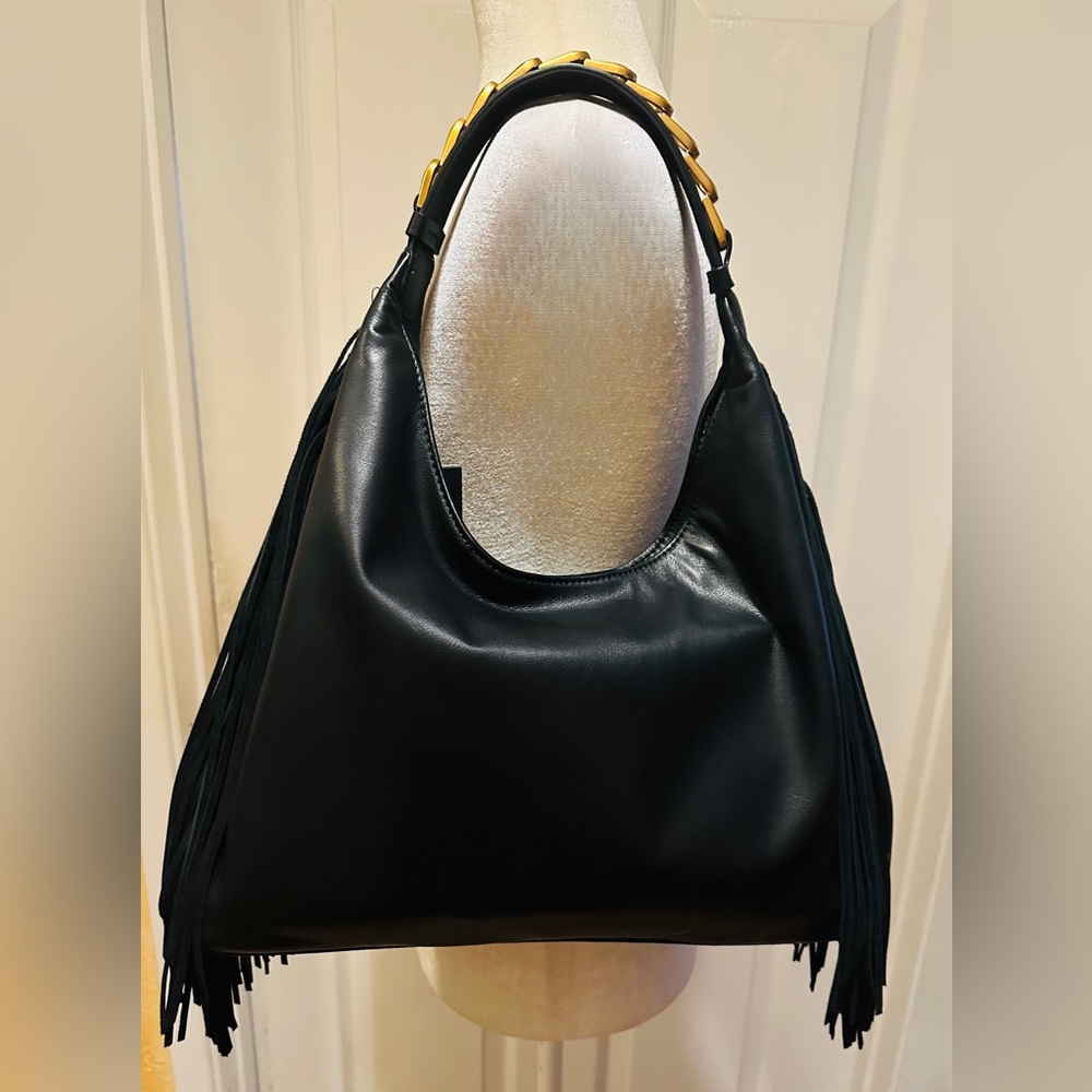 Donna Karan Purse Fringe Tassel Black Leather Bag Hobo Gold Tone Hardware